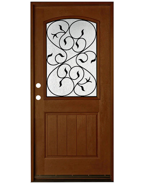 Fiberglass single front entry door with rain glass panel and wood grain finish, exterior straight-on view