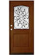 Fiberglass single front entry door with rain glass panel and wood grain finish, exterior straight-on view