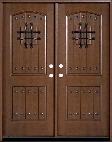 Fiberglass double front entry door with decorative speakeasy glass panels and wood grain finish, straight-on view