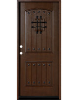 Fiberglass single front entry door with speakeasy glass panel and wood grain finish, straight-on exterior view
