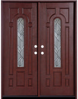 Fiberglass double front entry door with wood grain finish and decorative glass panels, straight-on exterior view