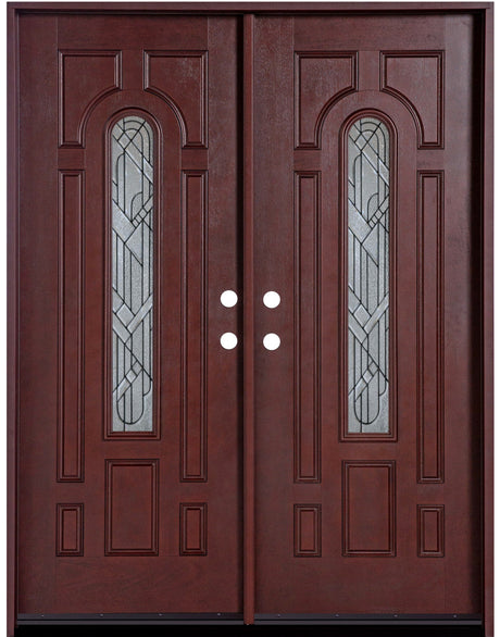 Fiberglass double front entry door with wood grain finish and decorative glass panels, straight-on exterior view