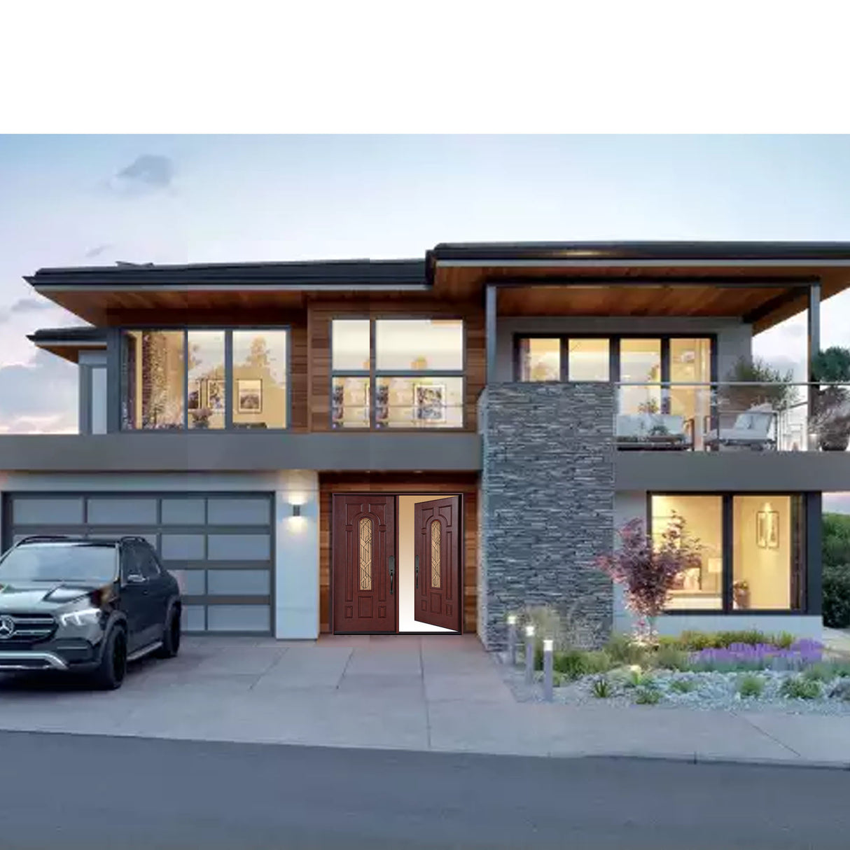 Fiberglass double front entry door installed on a home exterior with wood grain finish and glass panels