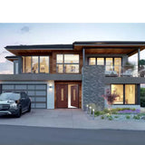 Fiberglass double front entry door installed on a home exterior with wood grain finish and glass panels