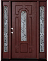Fiberglass entry door with two sidelights, wood grain finish, and decorative glass panels, straight-on exterior view