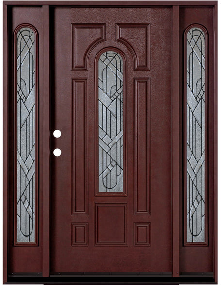 Fiberglass entry door with two sidelights, wood grain finish, and decorative glass panels, straight-on exterior view