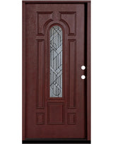 Fiberglass single front entry door with wood grain finish and decorative glass panel, straight-on view