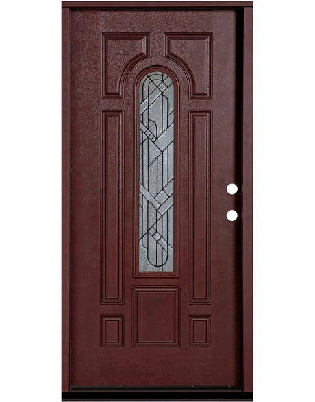 Fiberglass single front entry door with wood grain finish and decorative glass panel, straight-on view