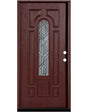Fiberglass single front entry door with wood grain finish and decorative glass panel, straight-on view