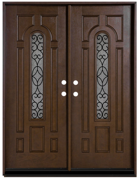 Fiberglass double front entry door with decorative rain glass panels and wood grain finish, straight-on exterior view
