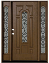 Fiberglass entry door with two sidelights, wood grain finish, and rain glass panels, front view