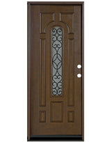 Fiberglass single front entry door with rain glass panel and wood grain finish, straight-on view