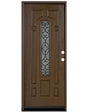 Fiberglass single front entry door with rain glass panel and wood grain finish, straight-on view