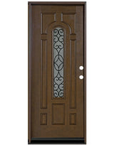 Fiberglass single front entry door with rain glass panel and wood grain finish, straight-on view