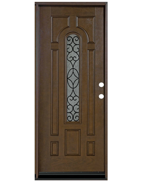 Fiberglass single front entry door with rain glass panel and wood grain finish, straight-on view