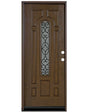 Fiberglass single front entry door with rain glass panel and wood grain finish, straight-on view