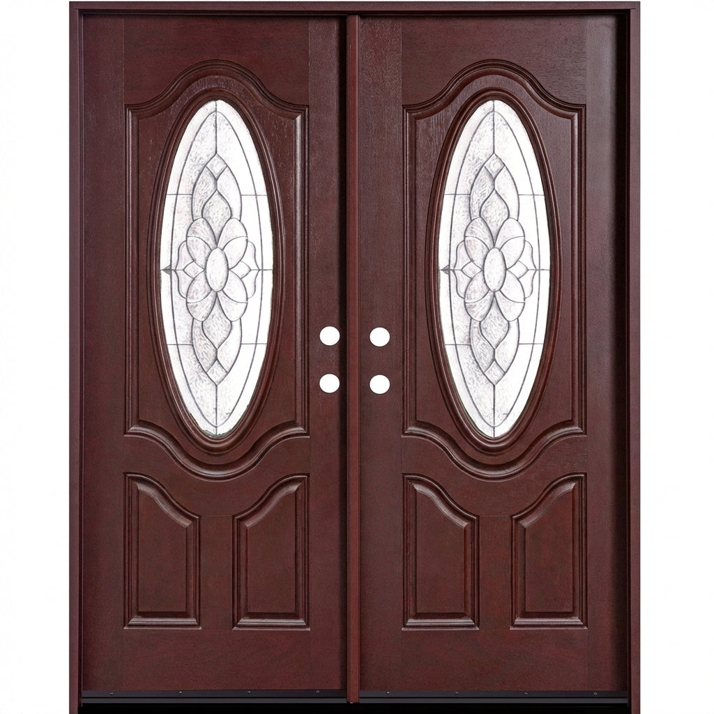 Fiberglass double front entry door with decorative glass panels and wood grain finish, straight-on exterior view