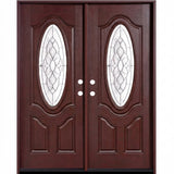 Fiberglass double front entry door with decorative glass panels and wood grain finish, straight-on exterior view