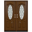 Fiberglass double front entry door with iron scrollwork and rain glass panels, wood grain finish, straight-on view