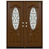Fiberglass double front entry door with iron scrollwork and rain glass panels, wood grain finish, straight-on view
