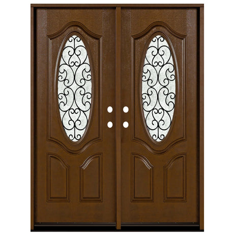 Fiberglass double front entry door with iron scrollwork and rain glass panels, wood grain finish, straight-on view