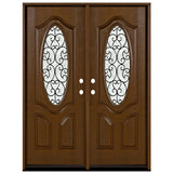 Fiberglass double front entry door with iron scrollwork and rain glass panels, wood grain finish, straight-on view