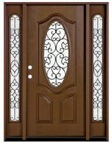 Fiberglass entry door with two sidelights, iron scrollwork design, wood grain finish, and rain glass panels, front view