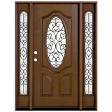 Fiberglass entry door with two sidelights, iron scrollwork design, wood grain finish, and rain glass panels, front view