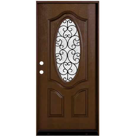 Fiberglass single front entry door with iron scrollwork, rain glass panel, and wood grain finish, straight-on exterior view