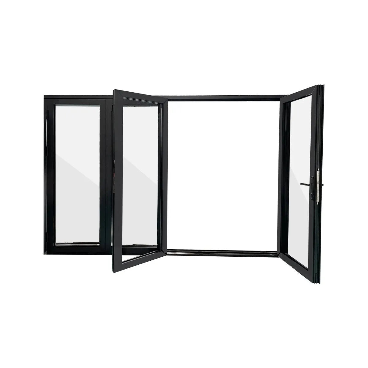 Exterior folding door fully open showing wide entry opening and panel configuration