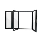 Exterior folding door fully open showing wide entry opening and panel configuration