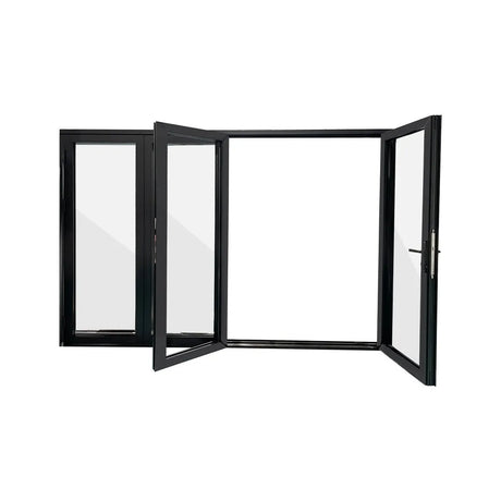 Exterior folding door fully open showing wide entry opening and panel configuration