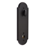 Matte black Premium exterior front door handle set with decorative entry hardware, interior front view