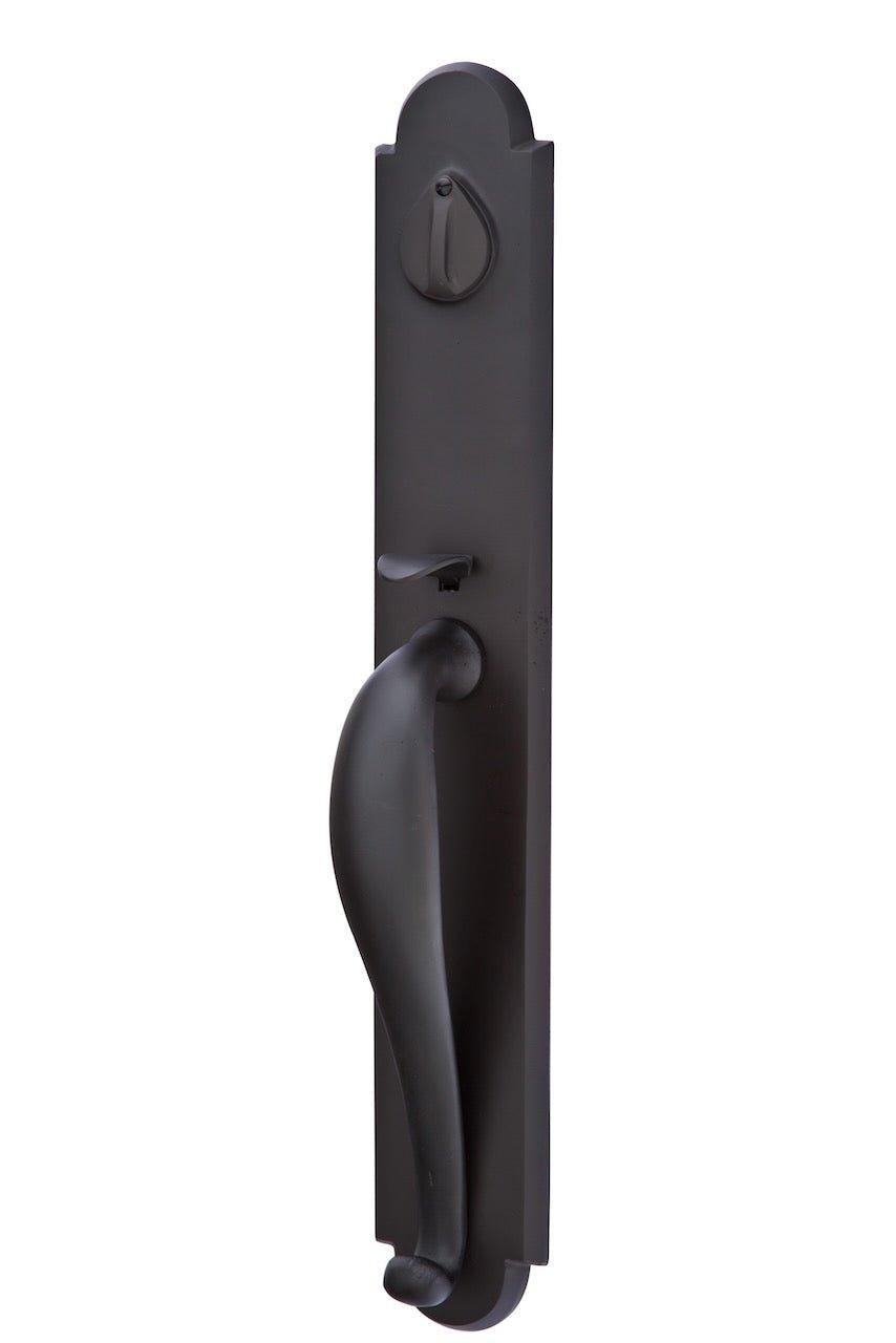 Front entry door handle set with deadbolt and grip handle, exterior hardware, front view
