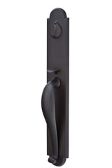 Front entry door handle set with deadbolt and grip handle, exterior hardware, front view