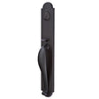 Matte black Premium exterior front door handle set with decorative entry hardware, front view