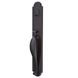 Matte black Premium exterior front door handle set with decorative entry hardware, front view