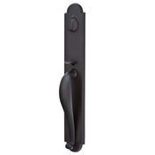 Matte black Premium exterior front door handle set with decorative entry hardware, front view