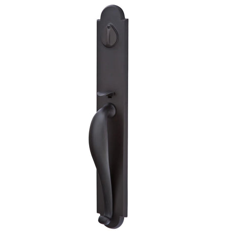 Matte black Premium exterior front door handle set with decorative entry hardware, front view