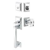 Chrome front entry door handle set with deadbolt and grip handle, exterior door hardware, front view
