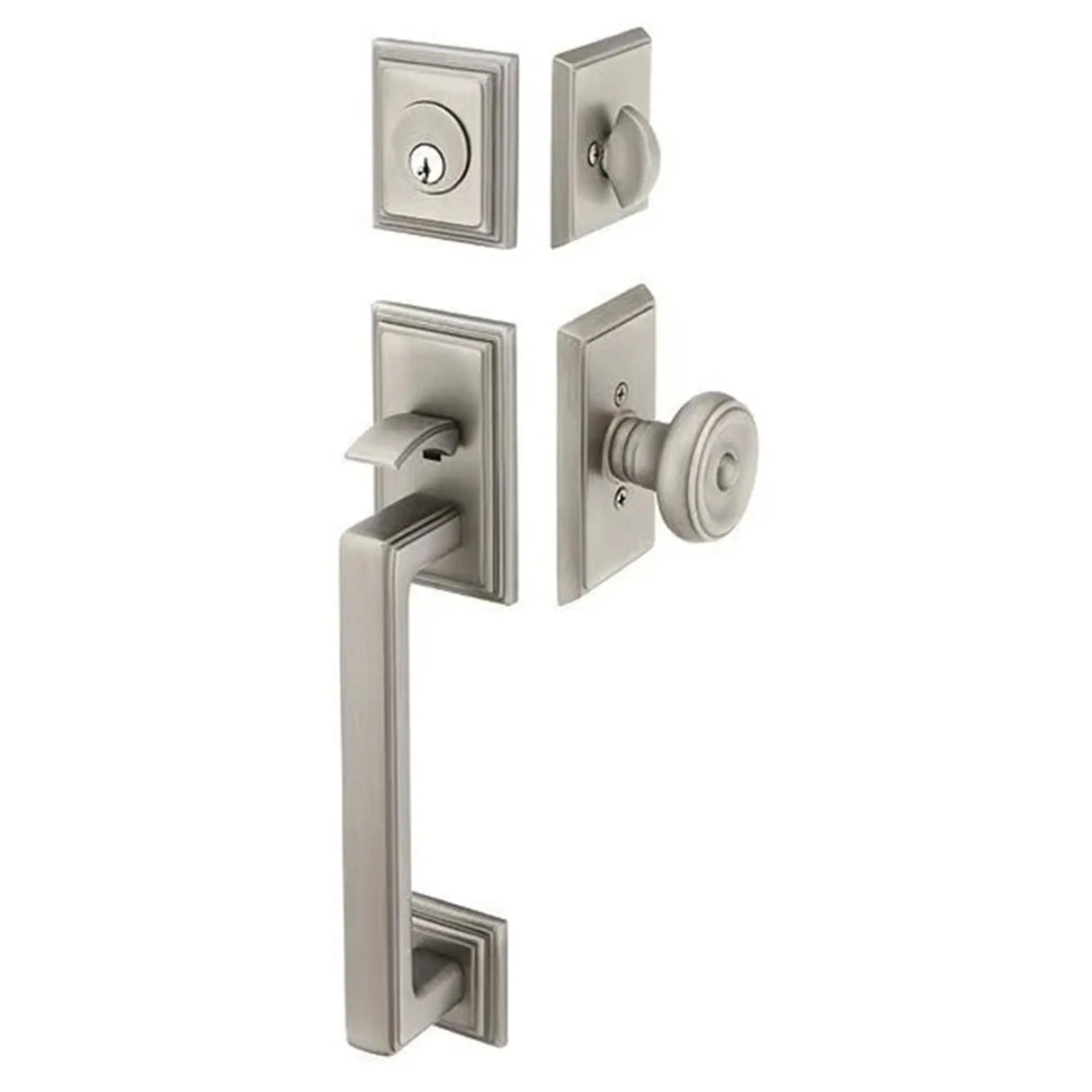 Silver front entry door handle set with deadbolt and grip handle, exterior door hardware, front view