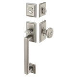Silver front entry door handle set with deadbolt and grip handle, exterior door hardware, front view