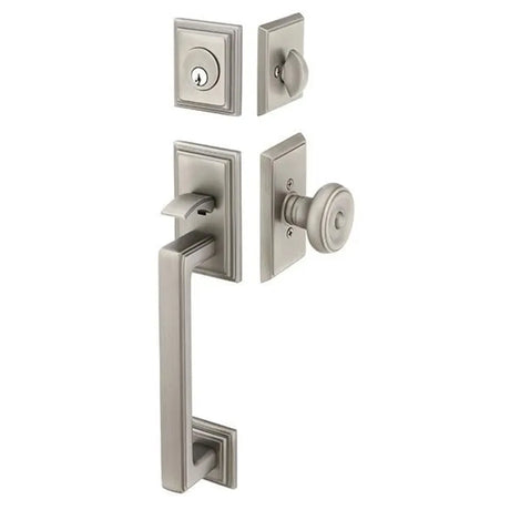 Silver front entry door handle set with deadbolt and grip handle, exterior door hardware, front view