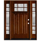 Front entry door with two sidelights and decorative glass panels, classic traditional design, straight-on exterior view