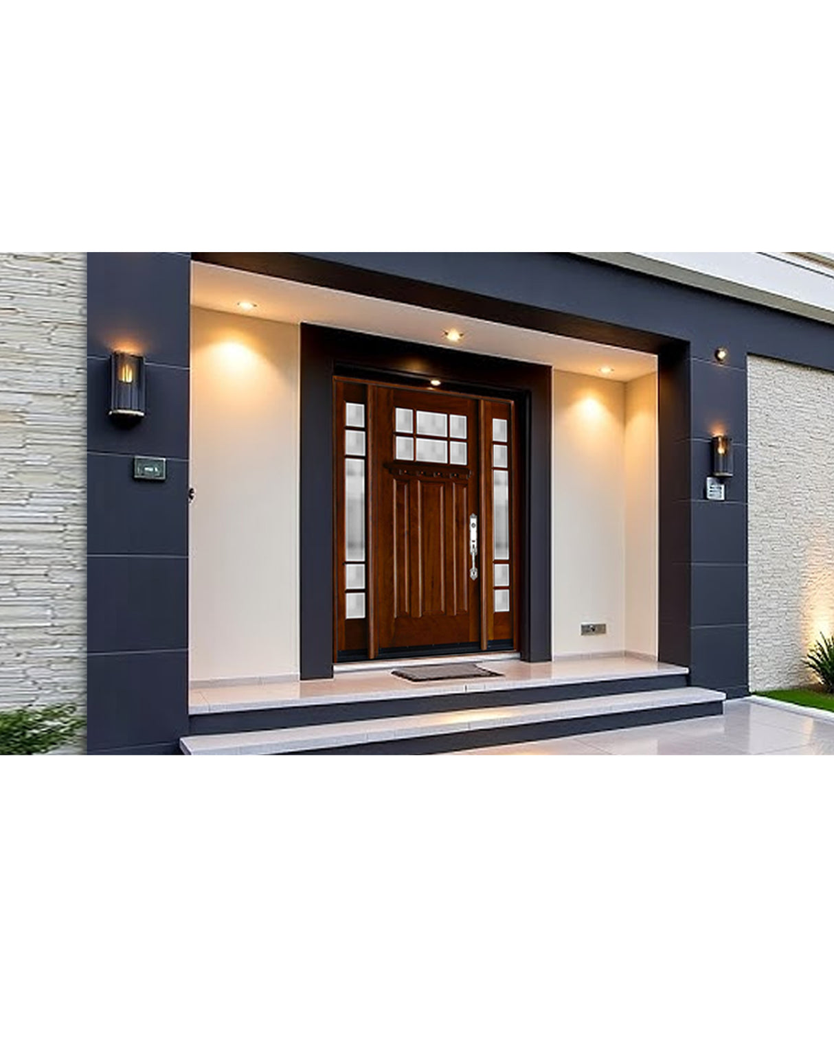Front entry door with sidelights installed on home exterior with decorative glass panels and classic traditional styling