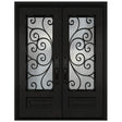 Black iron double front entry door with glass panels, modern exterior straight-on view