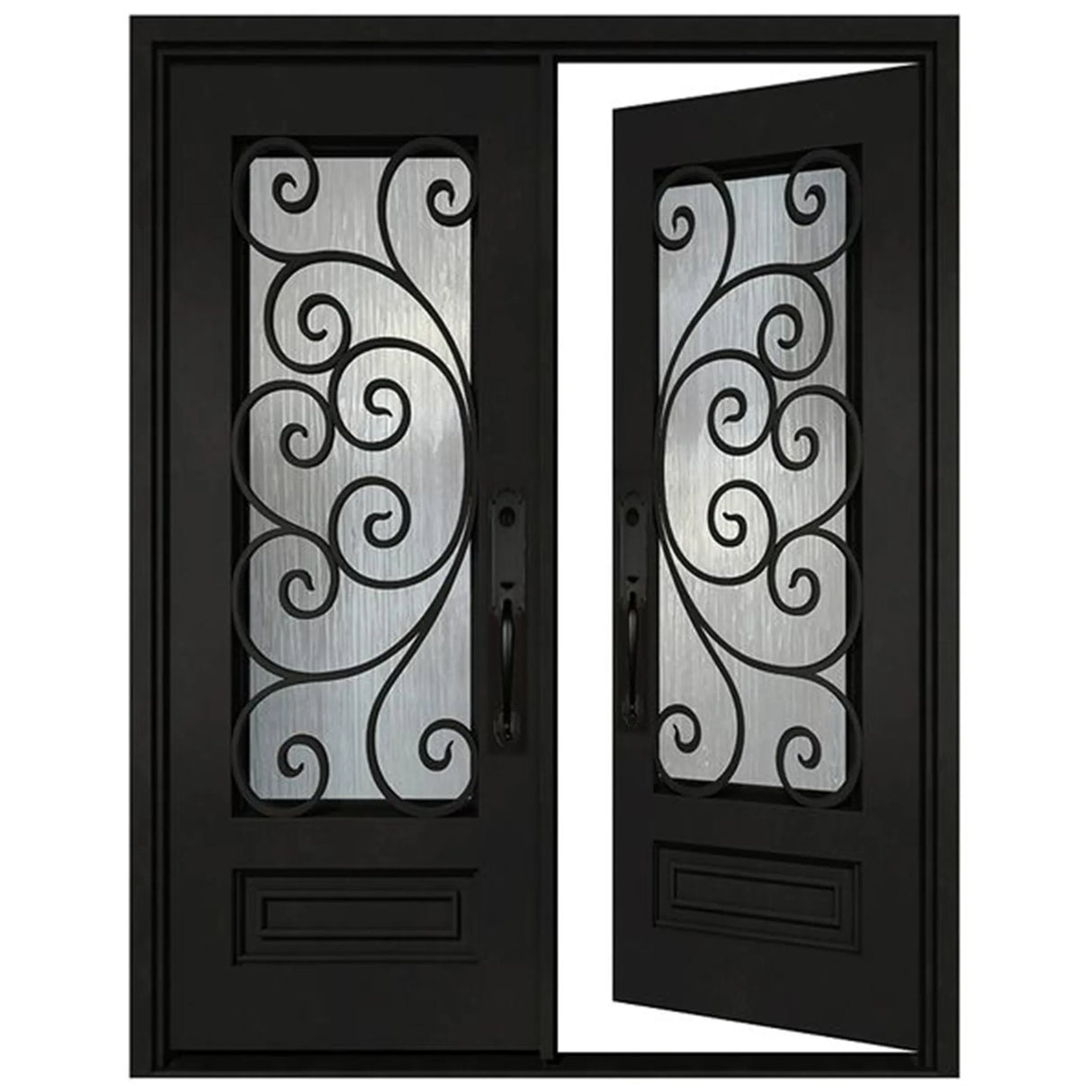 Black iron double entry door in right-hand inswing orientation with full glass panels, exterior front view