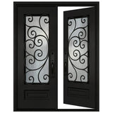 Black iron double entry door in right-hand inswing orientation with full glass panels, exterior front view