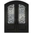 Black iron double front entry door with full glass panels, modern exterior straight-on view