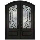 Black iron double front entry door with full glass panels, modern exterior straight-on view